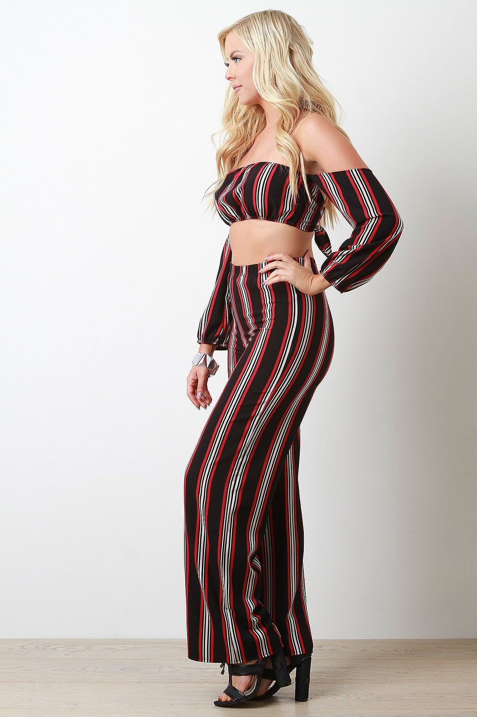 Stripe Print Off Shoulder Crop Top With Palazzo Pants Set