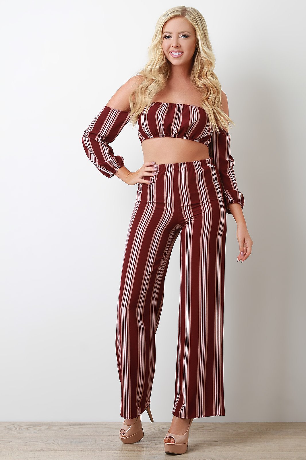 Stripe Print Off Shoulder Crop Top With Palazzo Pants Set