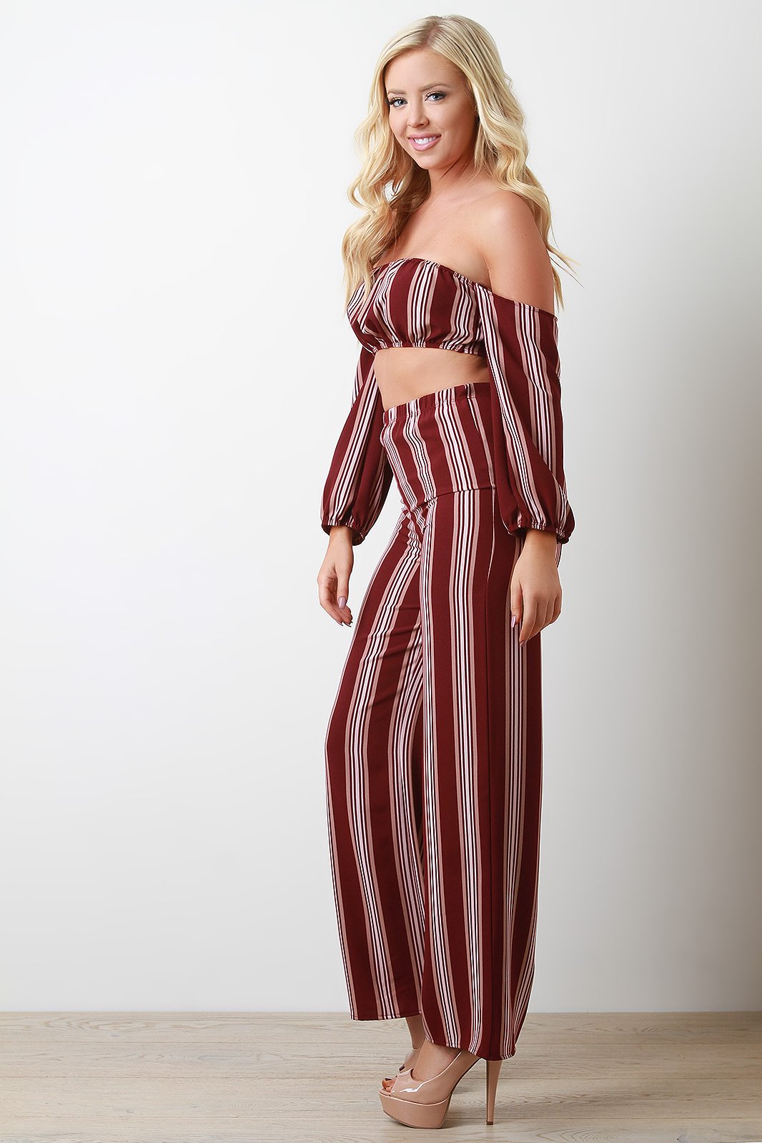 Stripe Print Off Shoulder Crop Top With Palazzo Pants Set