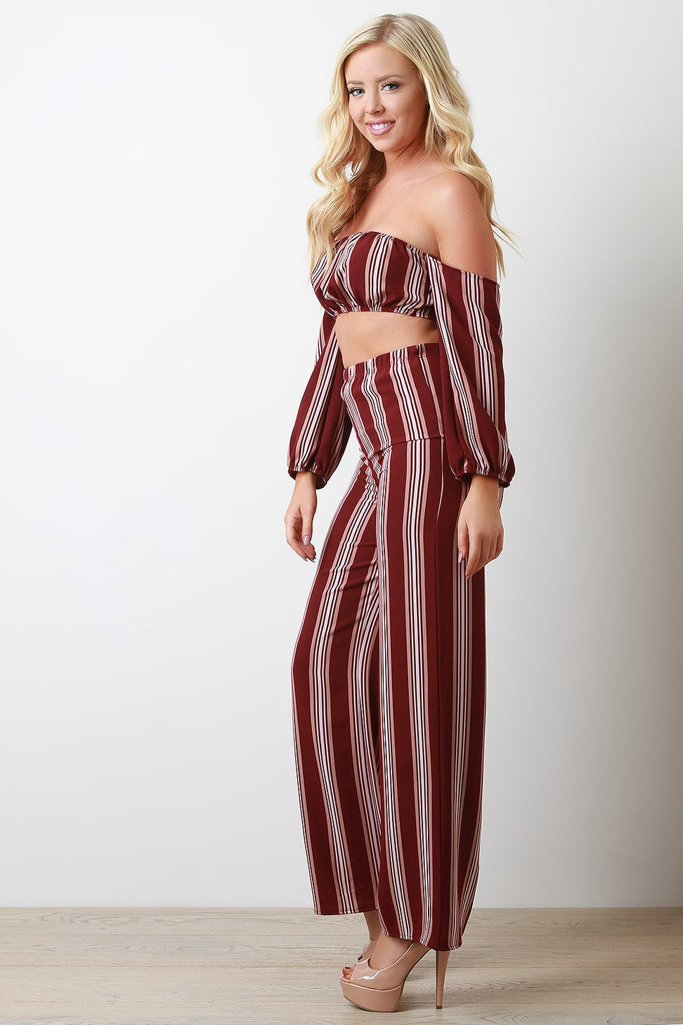 Stripe Print Off Shoulder Crop Top With Palazzo Pants Set
