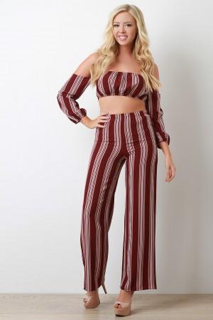 Stripe Print Off Shoulder Crop Top With Palazzo Pants Set