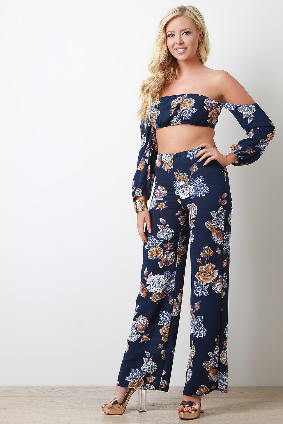 Floral Print Off Shoulder Crop Top With Palazzo Pants Set