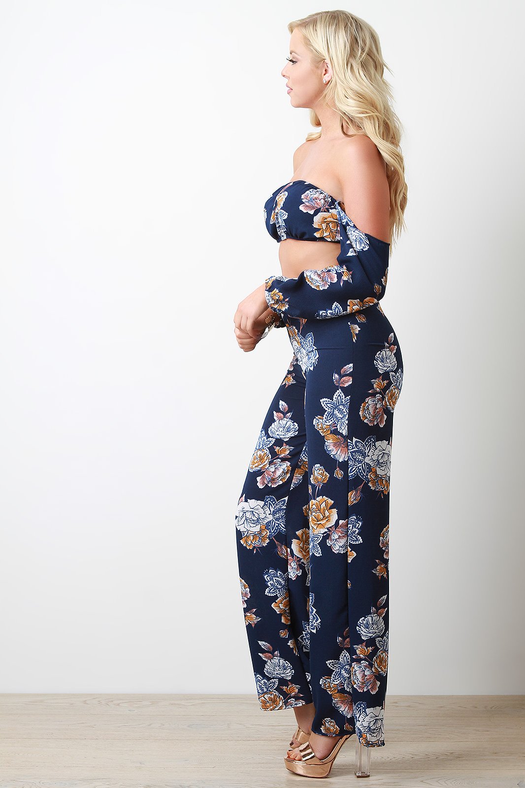 Floral Print Off Shoulder Crop Top With Palazzo Pants Set