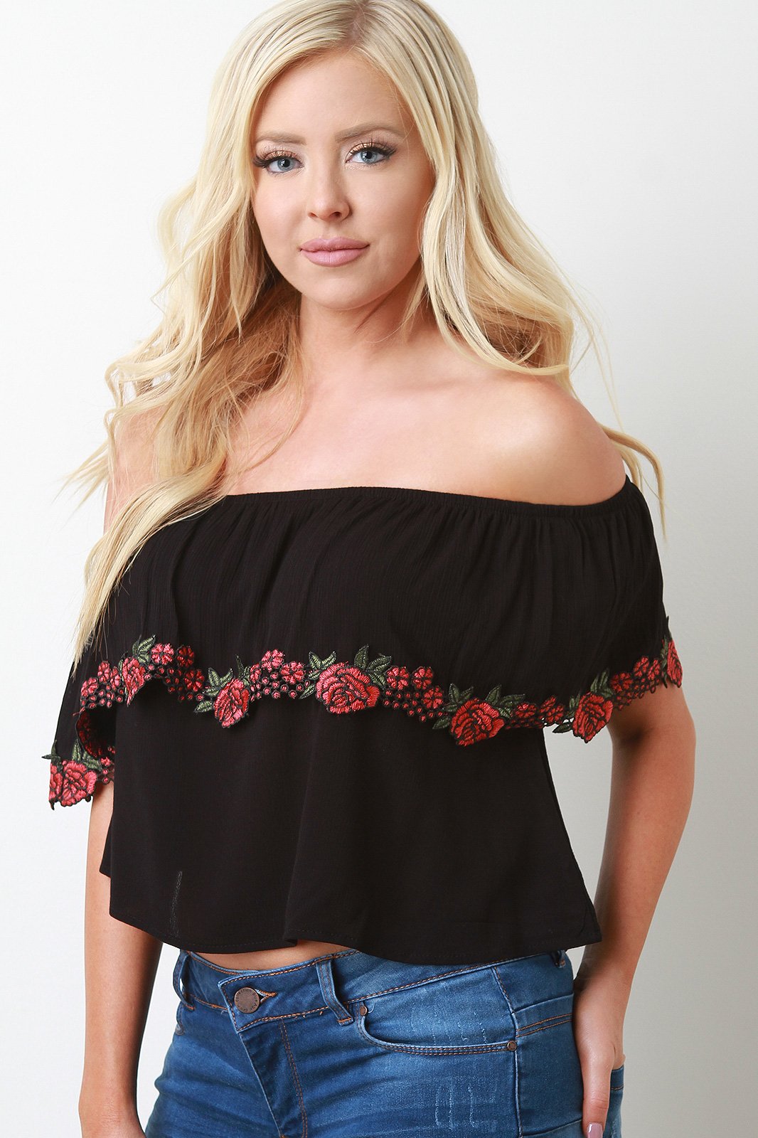 Rosette Applique Off-The-Shoulder Ruffle Crop Top