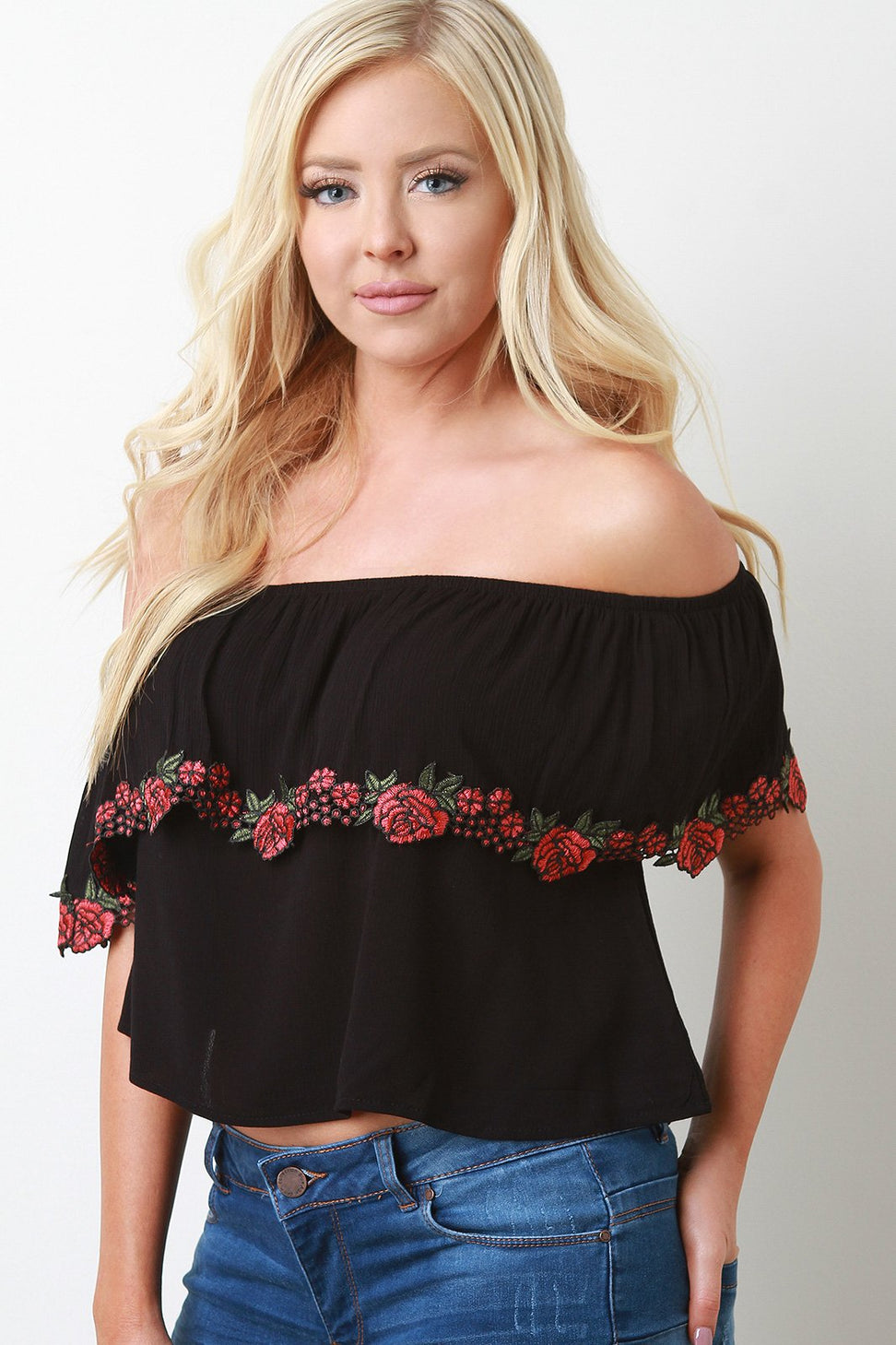 Rosette Applique Off-The-Shoulder Ruffle Crop Top