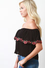Rosette Applique Off-The-Shoulder Ruffle Crop Top