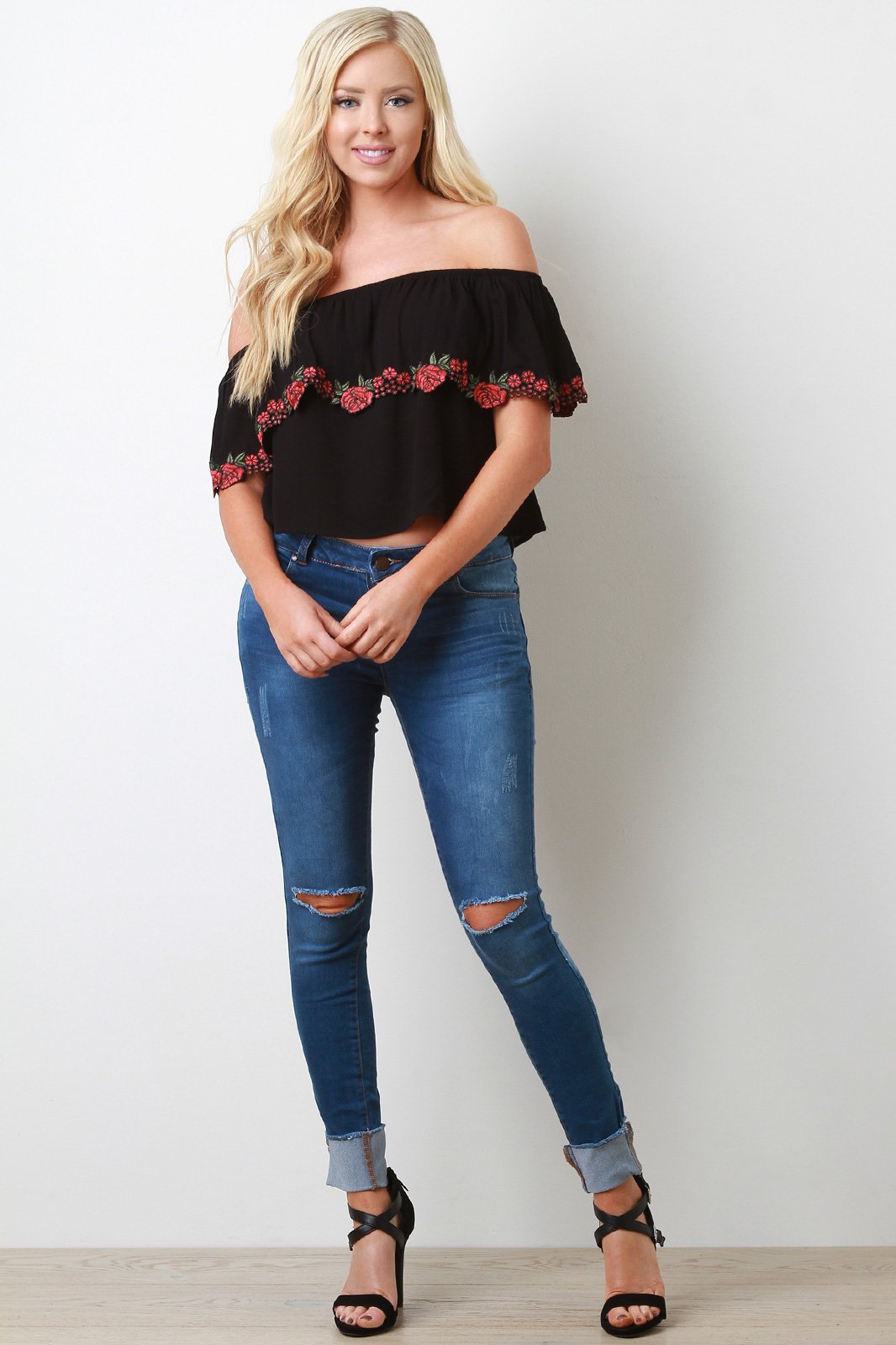 Rosette Applique Off-The-Shoulder Ruffle Crop Top