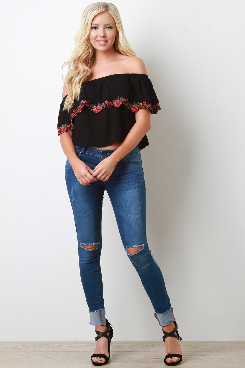 Rosette Applique Off-The-Shoulder Ruffle Crop Top