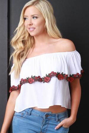 Rosette Applique Off-The-Shoulder Ruffle Crop Top