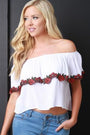 Rosette Applique Off-The-Shoulder Ruffle Crop Top