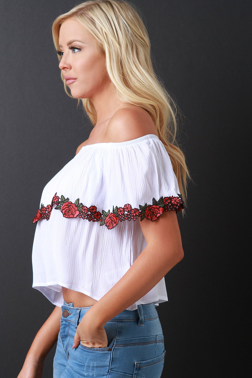 Rosette Applique Off-The-Shoulder Ruffle Crop Top