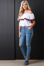 Rosette Applique Off-The-Shoulder Ruffle Crop Top