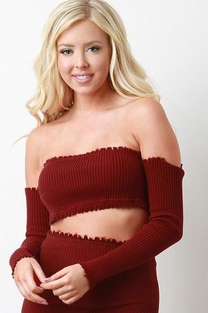 Rib Knit Long Sleeves Off Shoulder Crop Top