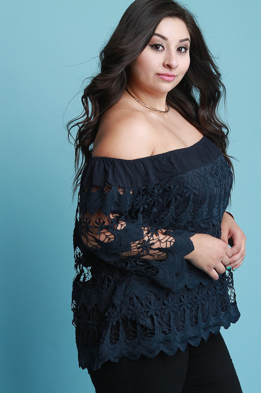 Crochet Lace Off-The-Shoulder Long Sleeves Scallop Top