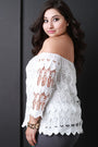 Crochet Lace Off-The-Shoulder Long Sleeves Scallop Top