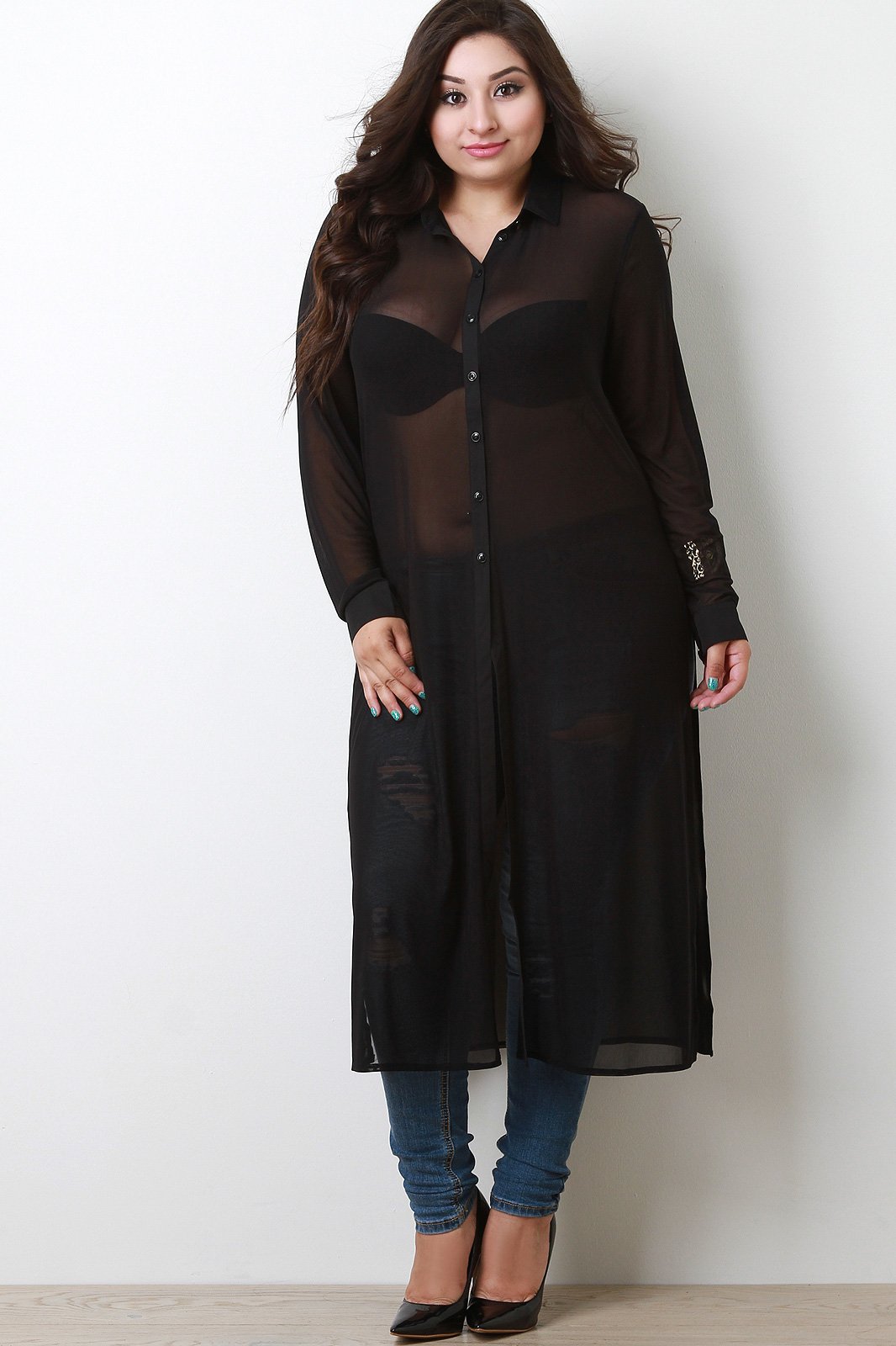 Semi-Sheer Button-Up Maxi Top