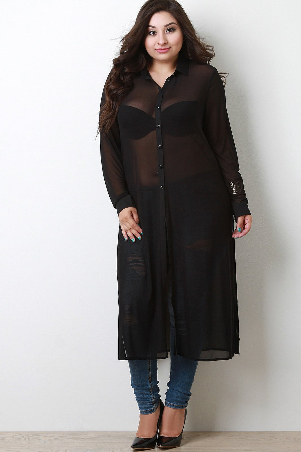 Semi-Sheer Button-Up Maxi Top