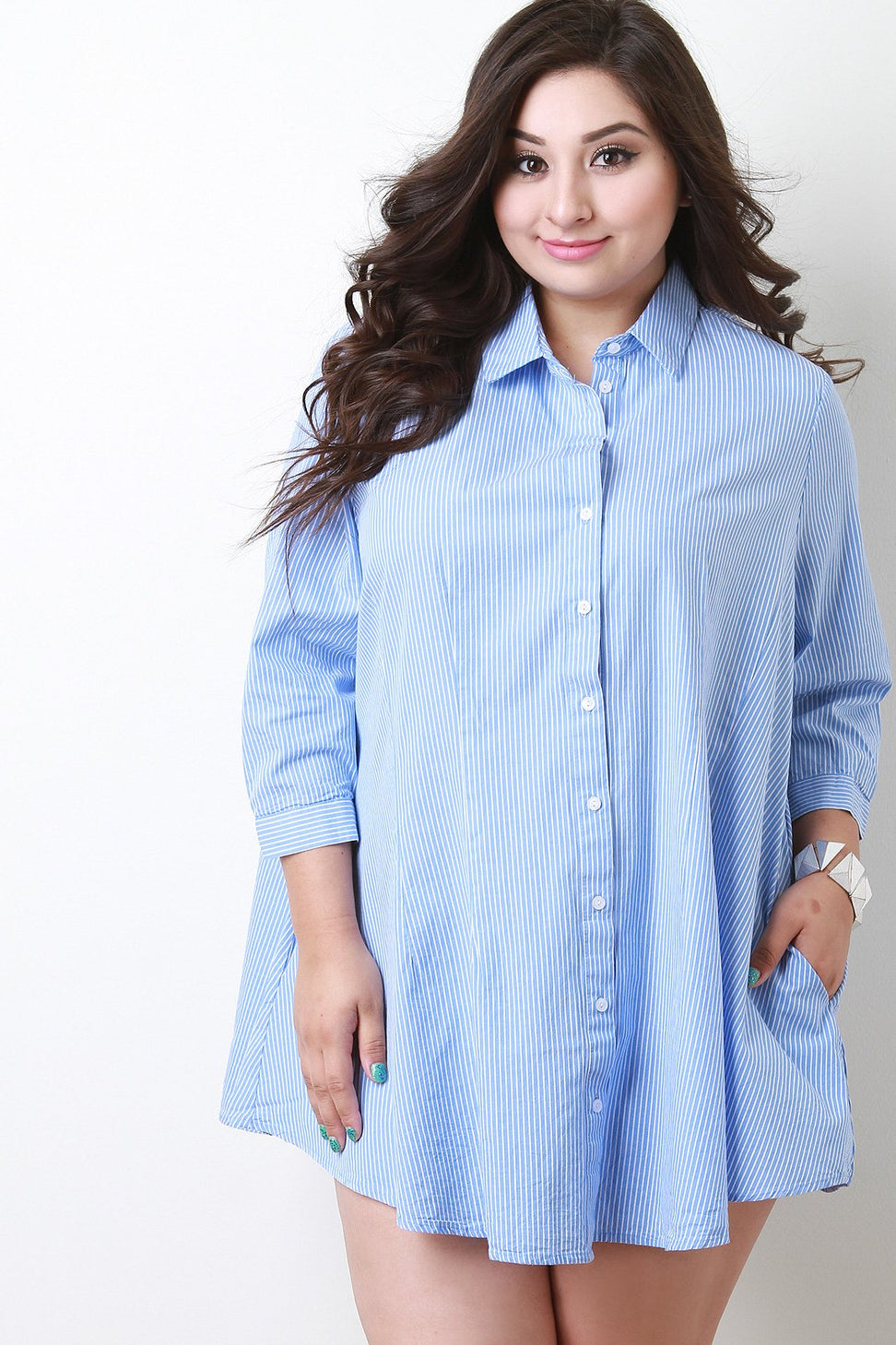Vertical Pinstripe Button Up Shirt Dress