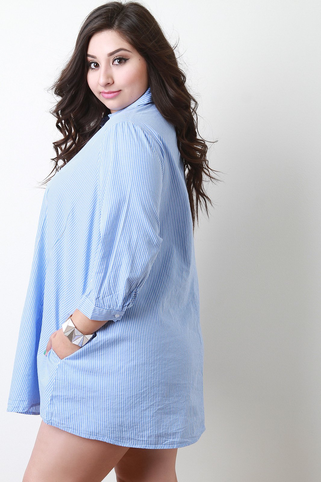 Vertical Pinstripe Button Up Shirt Dress