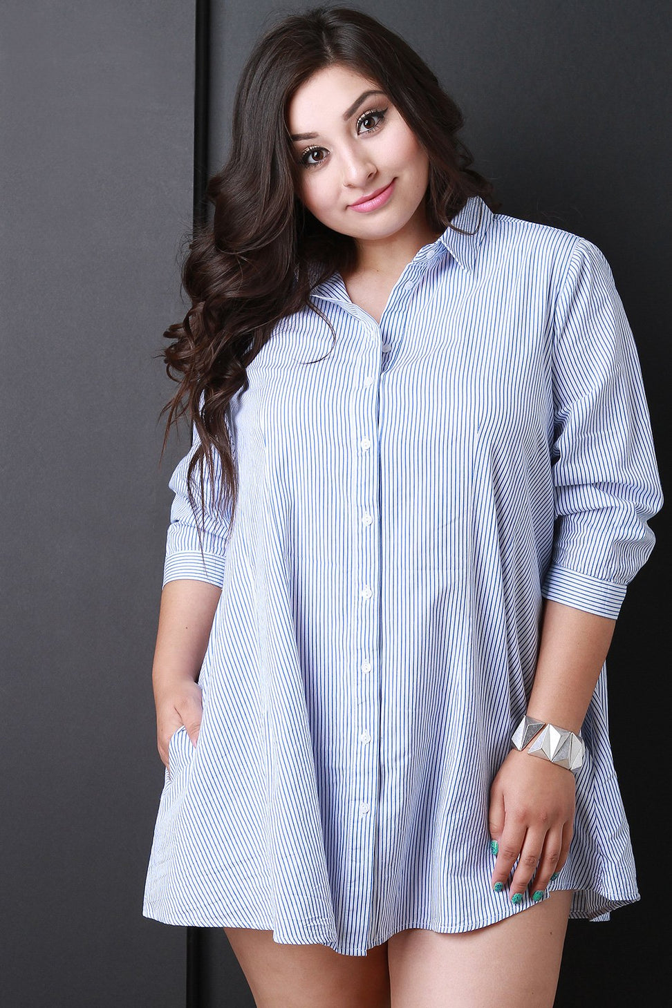Vertical Pinstripe Button Up Shirt Dress