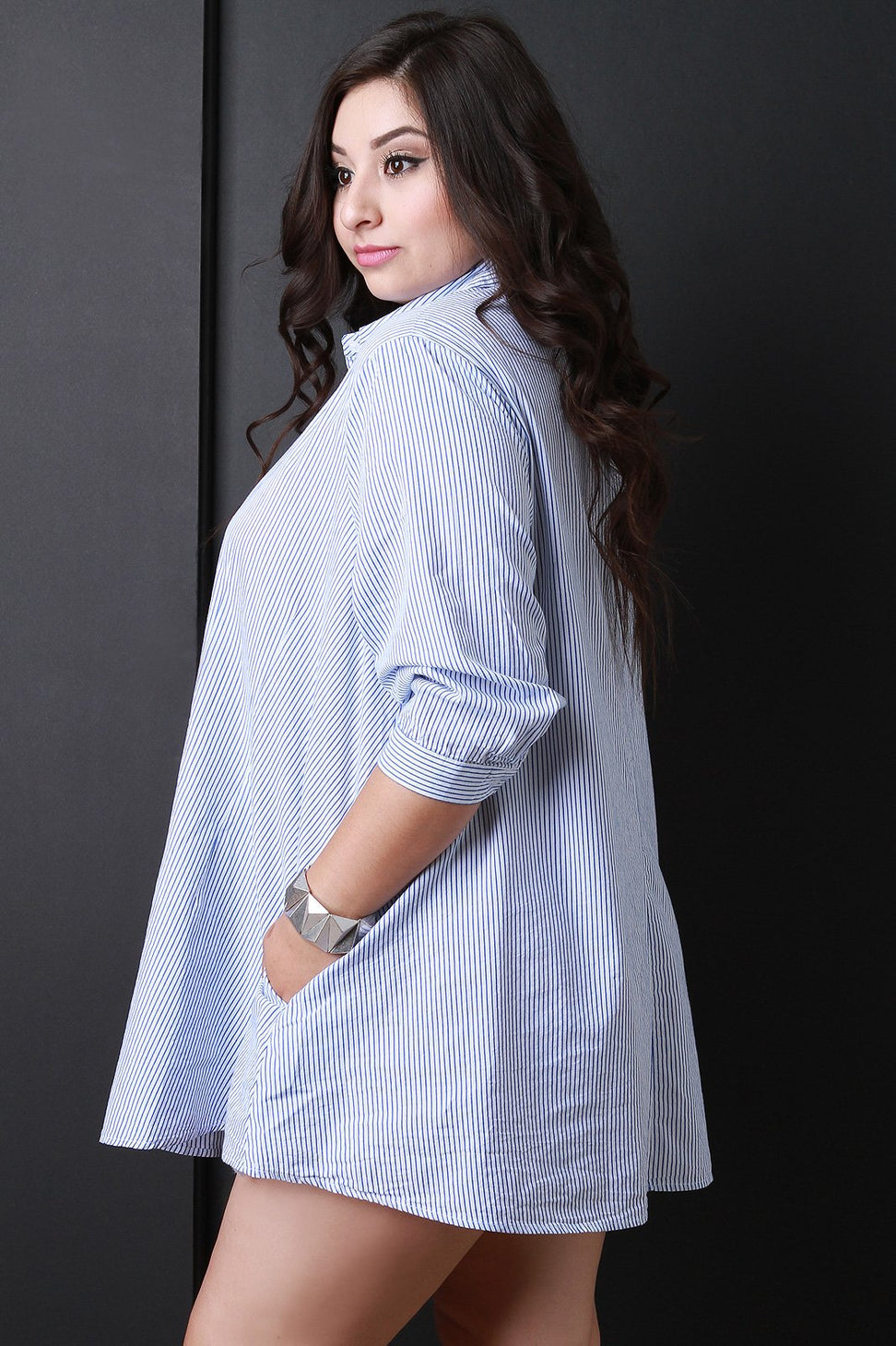 Vertical Pinstripe Button Up Shirt Dress