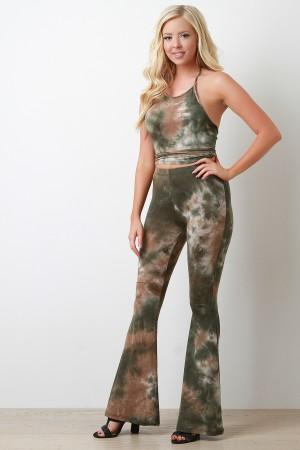 Tie Dye Jersey Knit Halter Top With High Rise Flared Pants Set