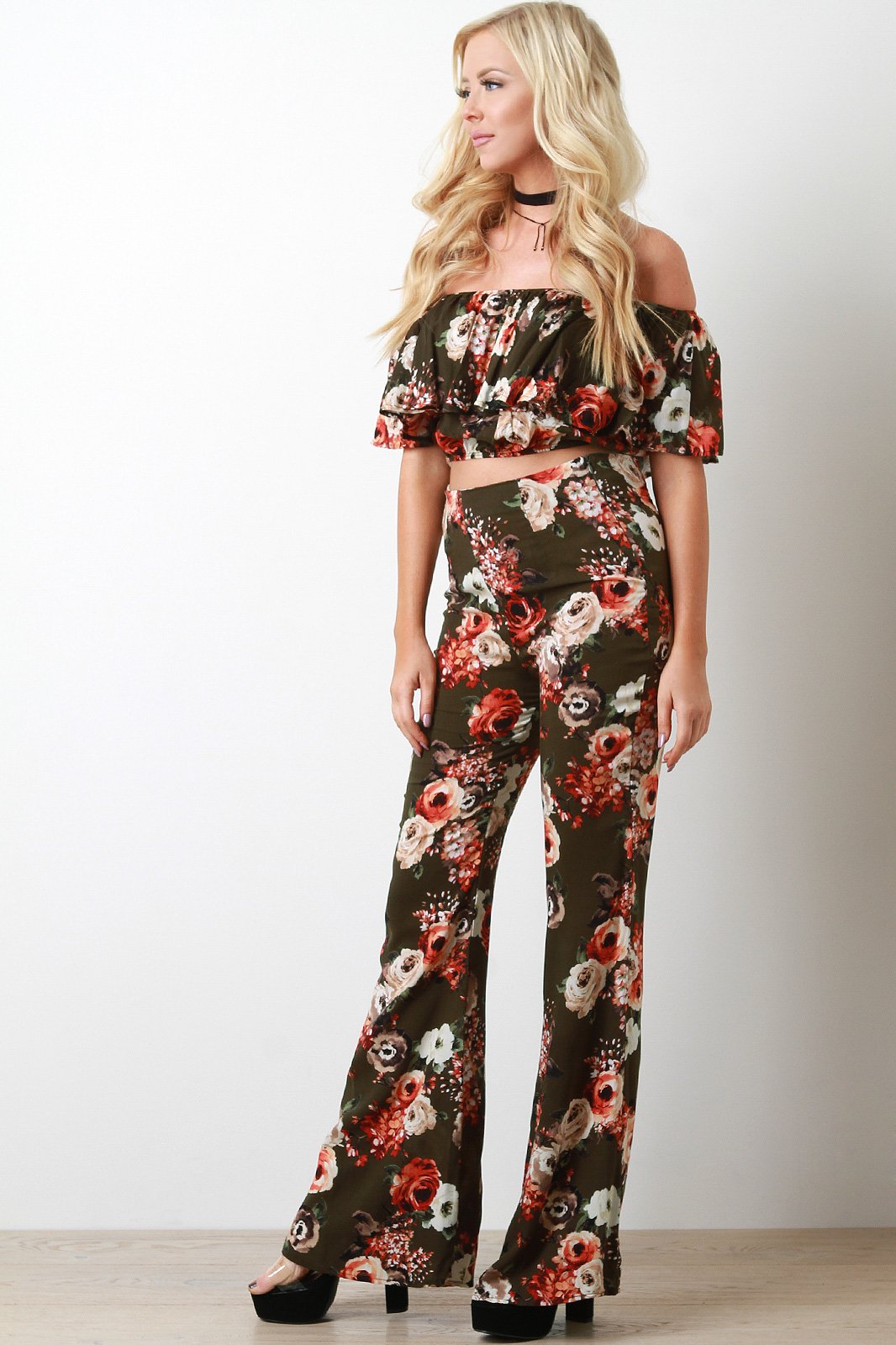 Flutter Bardot Flare Floral Two Piece Set