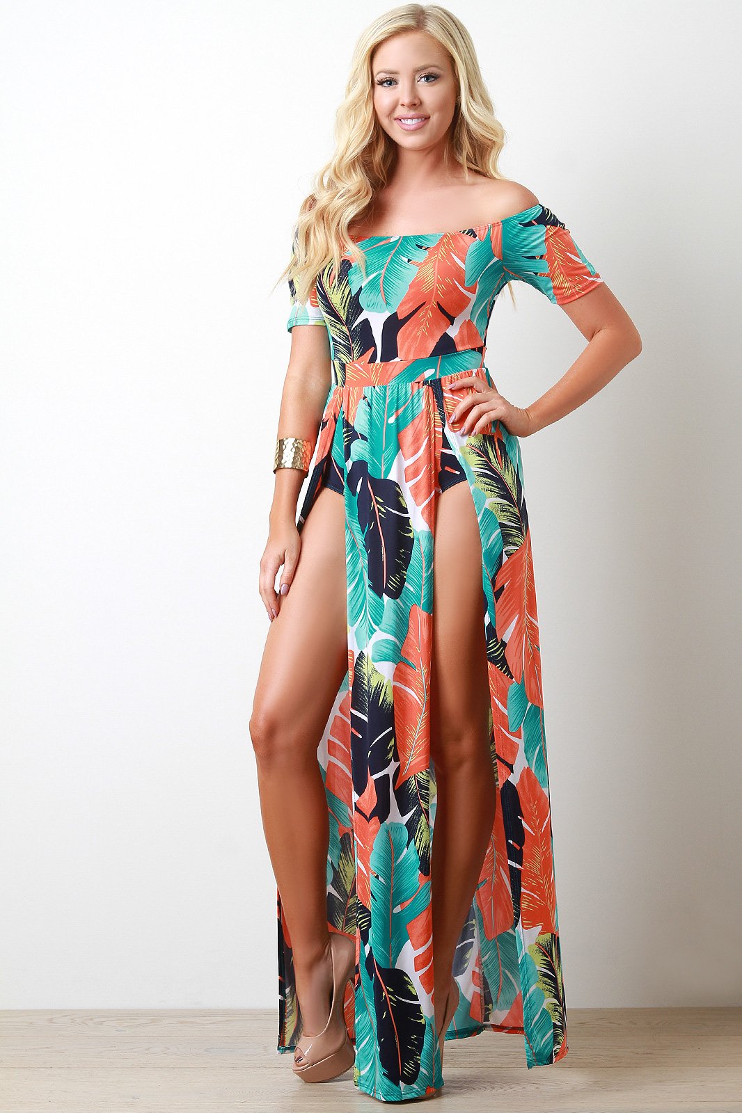 Feather And Palm M-Slit Maxi Dress - NoveltyOne