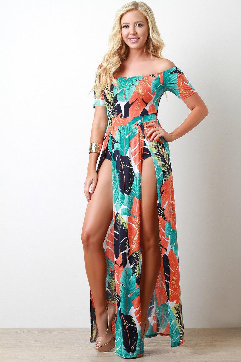 Feather And Palm M-Slit Maxi Dress - NoveltyOne