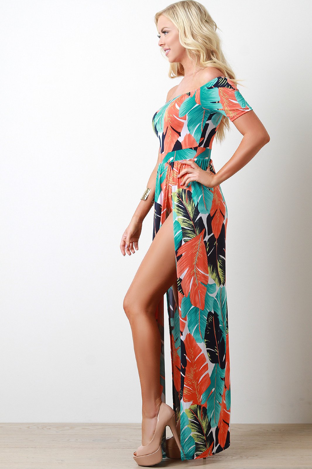 Feather And Palm M-Slit Maxi Dress - NoveltyOne