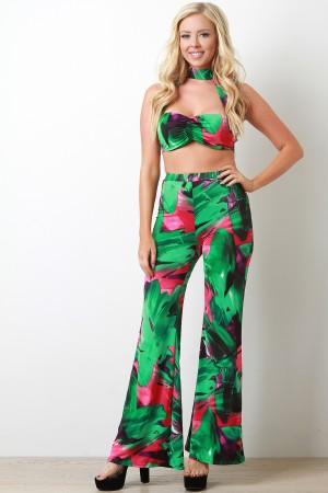 Printed Mock Neck Bustier Palazzo Two Piece Set