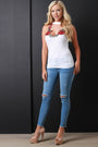 Ribbed Knit Floral Applique Choker Sleeveless Top
