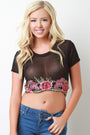 Floral Applique Mesh Short Sleeve Crop Top - NoveltyOne