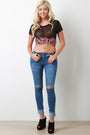Floral Applique Mesh Short Sleeve Crop Top - NoveltyOne