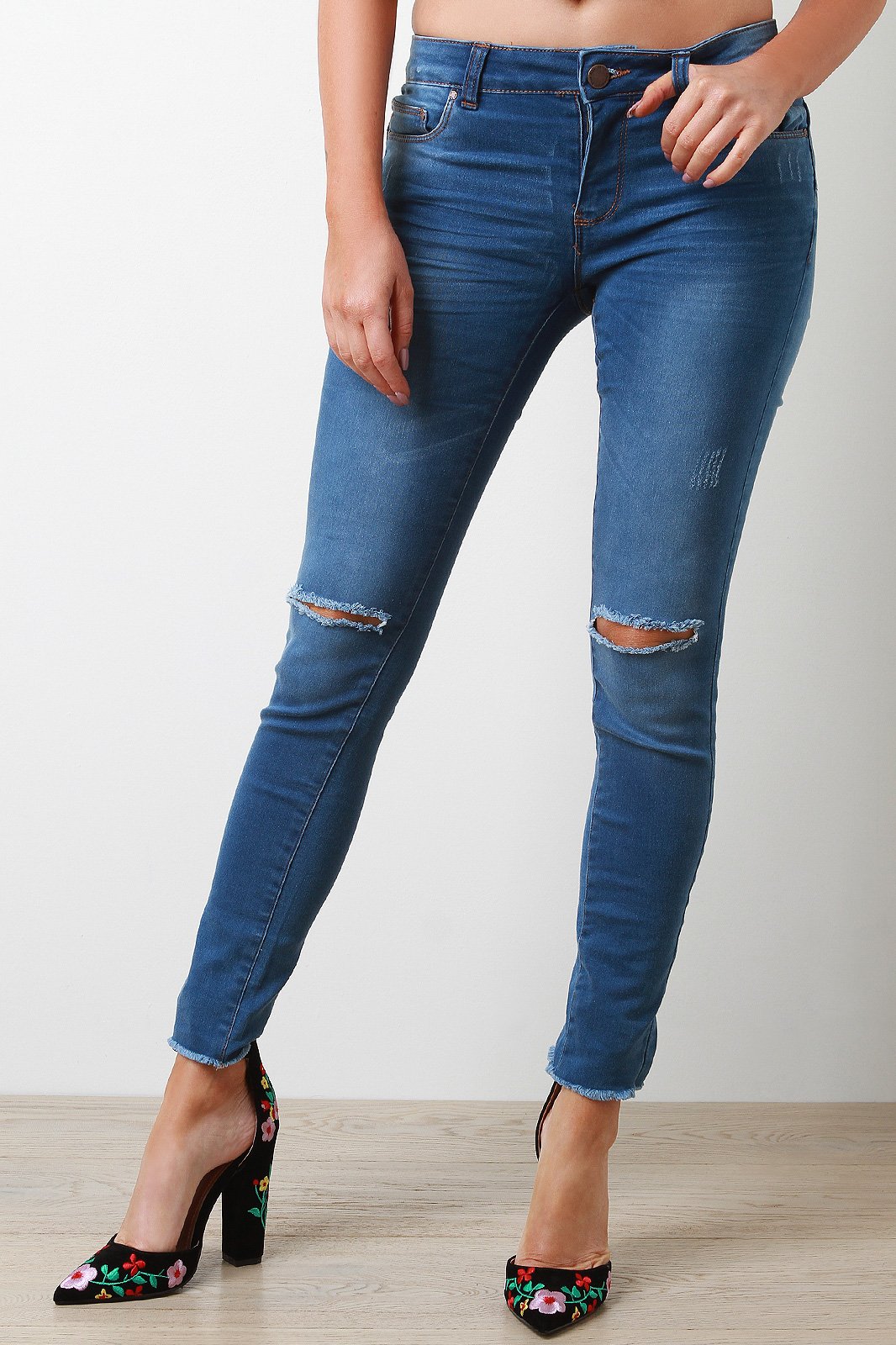 Slit Knee High Waist Skinny Jeans