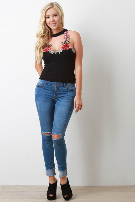 Distressed Frayed Fold Up Cuff Skinny Jeans - NoveltyOne