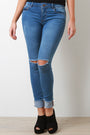 Distressed Frayed Fold Up Cuff Skinny Jeans - NoveltyOne