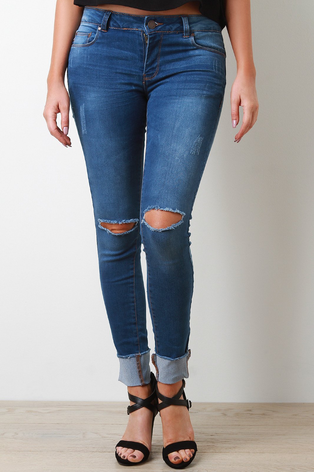 Distressed Frayed Fold Up Cuff Skinny Jeans - NoveltyOne