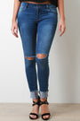 Distressed Frayed Fold Up Cuff Skinny Jeans - NoveltyOne