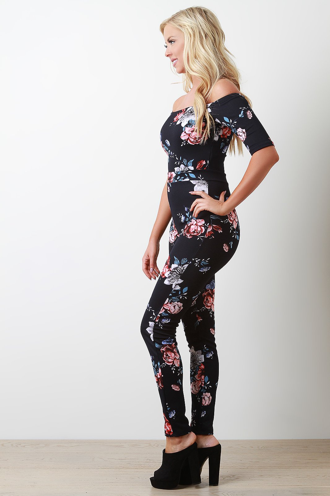 Floral Off The Shoulder Short Sleeve Fitted Jumpsuit