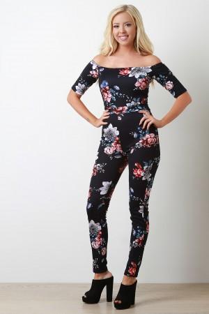 Floral Off The Shoulder Short Sleeve Fitted Jumpsuit