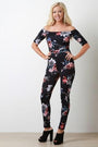 Floral Off The Shoulder Short Sleeve Fitted Jumpsuit