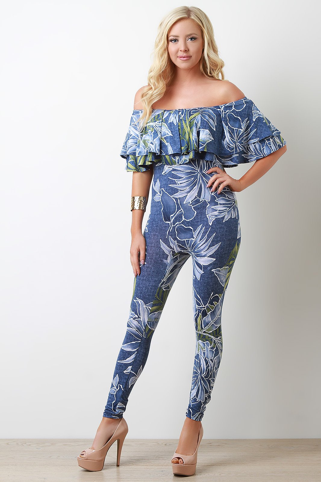 Bardot Tiered Ruffle Floral Leaf Jumpsuit