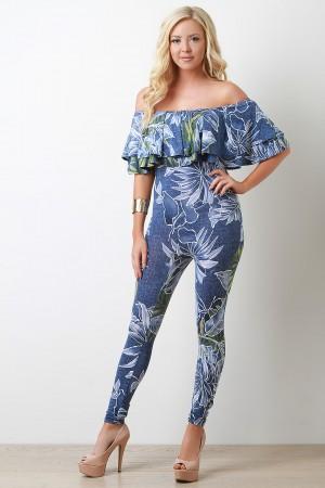 Bardot Tiered Ruffle Floral Leaf Jumpsuit