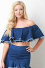Frayed Denim Off The Shoulder Ruffle Crop Top - NoveltyOne