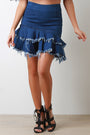 High Rise Frayed Tiered Denim Midi Skirt
