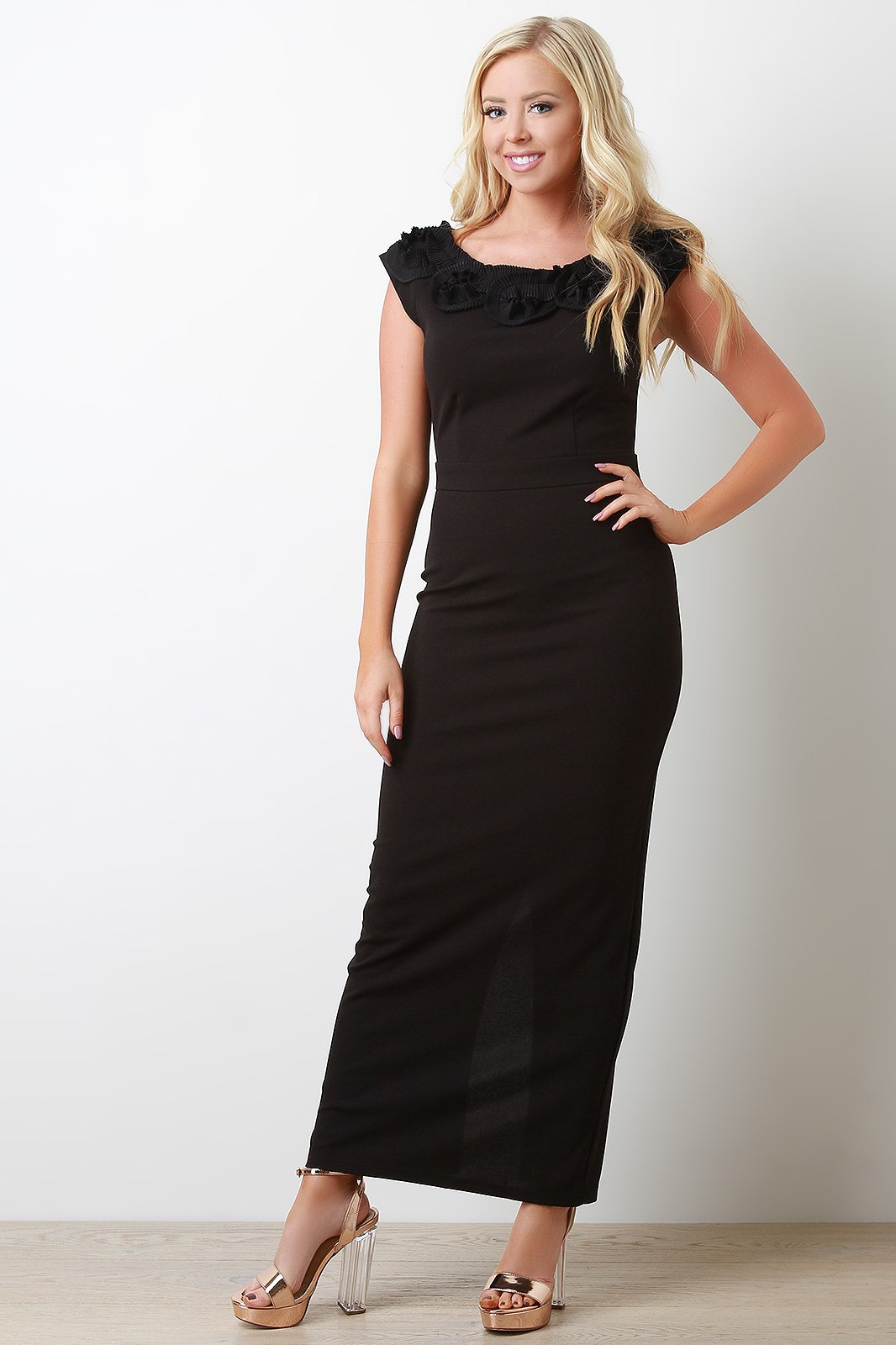 Pleated Floral Neckline Maxi Dress