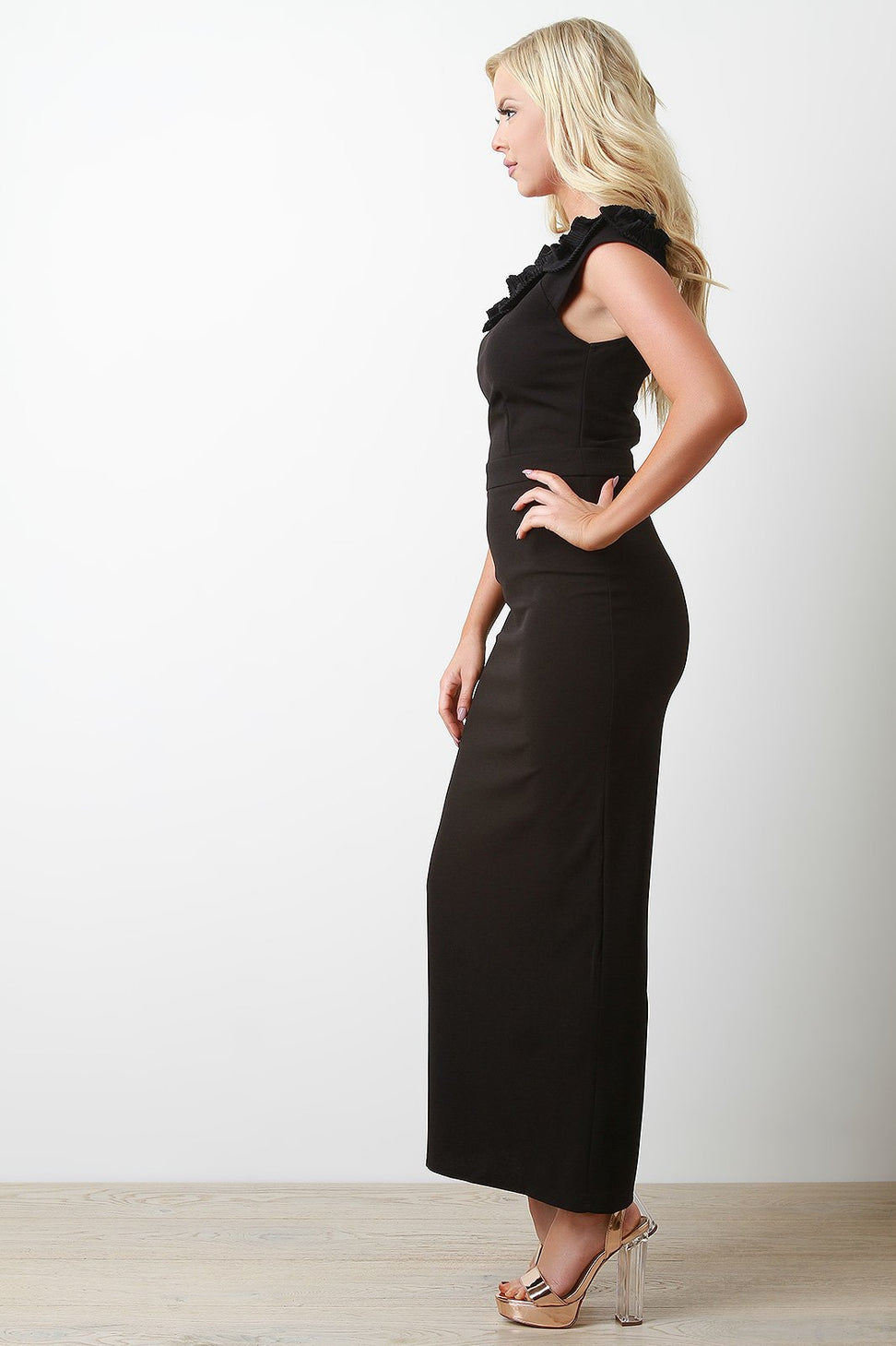 Pleated Floral Neckline Maxi Dress