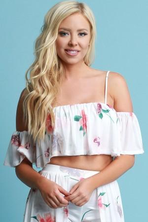 Sheer Mesh Floral Flutter Bardot Crop Top