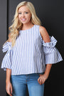 Striped Cold Shoulder Ruffle Statement Sleeve Top